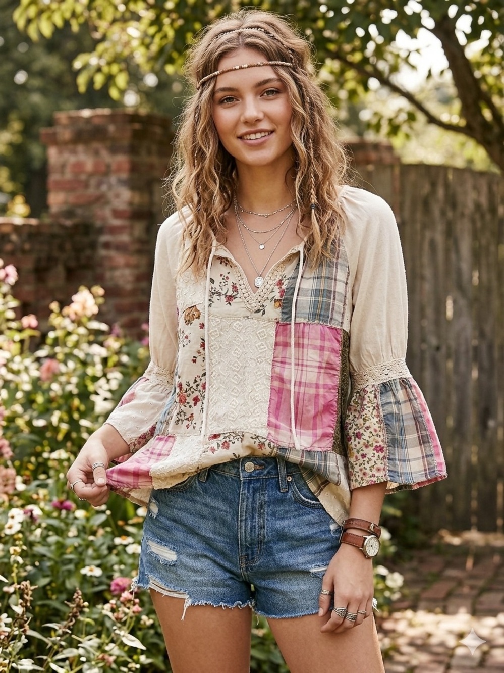 Young Threads Parchwork Bohemian Blouse Floral Plaid Crotchet Detail Small